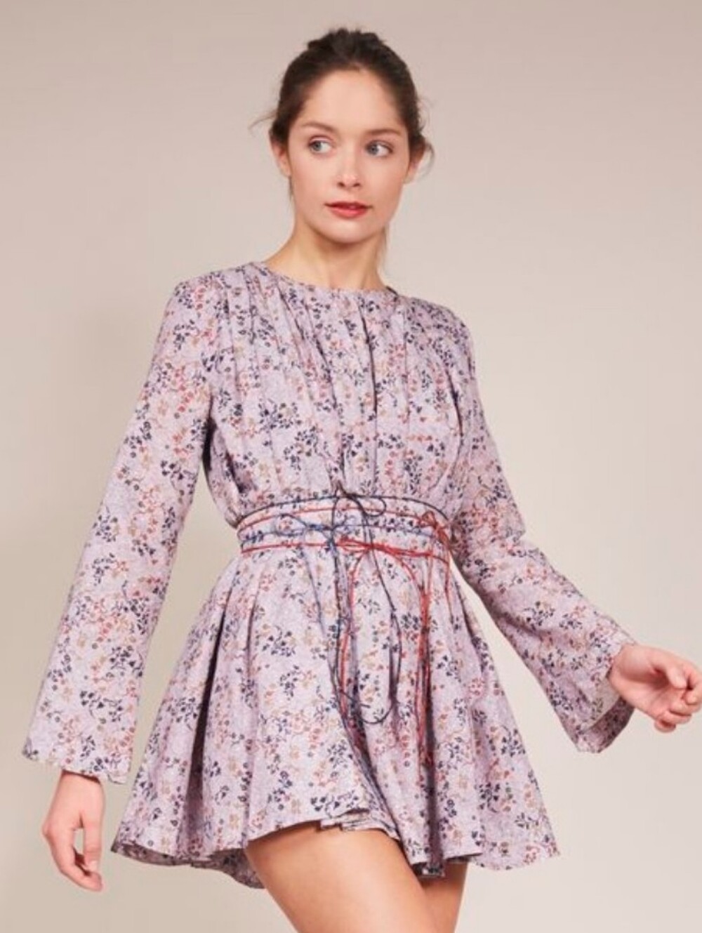 Elliette Purple Nate Floral Cotton Shift Long Sleeve Mini Dress Size 8